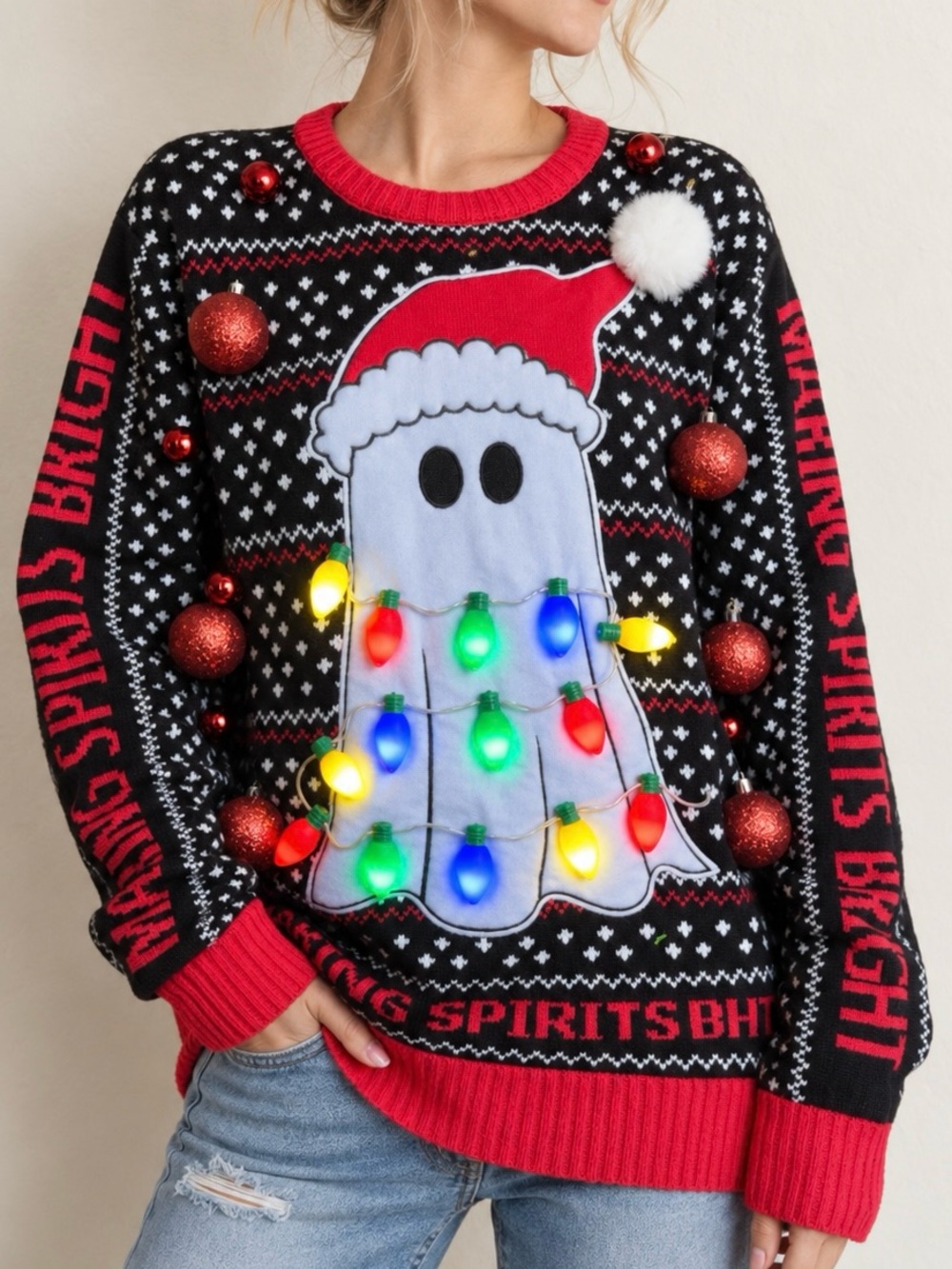 NWT Spencer’s Workshop Making Spirits Bright Light Up Ghost Christmas Sweater M